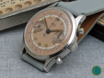 Big (38mm) steel  Arsa monoblock chronograph with rare salmon color dial