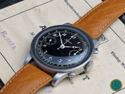 Alpina Oversized Steel Chronograph from the 1930s with Stunning Glossy Black Dial and Breguet Numerals”