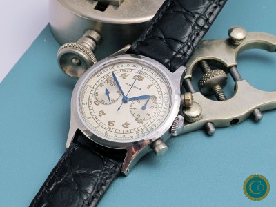 Extremely Rare Movado 565 M90 Chronograph (Ref. 19008)  Pulsation Dial with Breguet Numerals