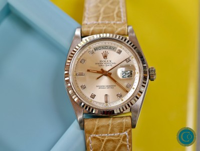 “Rolex Day-Date Ref. 1803 in White Gold (1977), with cream-colored factory diamond-set”