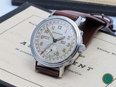 Movado Calendograf Ref. 14788  33 mm Steel Borgel (FB / Taubert & Fils) Case  Two-Tone Radium Dial  Untouched, Mint Condition — 1940s